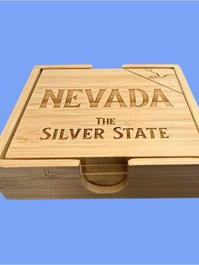 New Puzzle Coaster Set with case Nevada "The Silver State" Map Engraved Bamboo